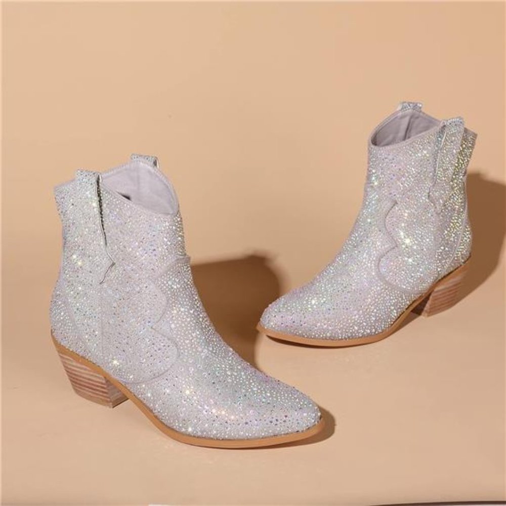 Women's Rhinestone Cowboy Boots Sparkly Knee High Boots Fashion Pointed - Picture 4 of 8